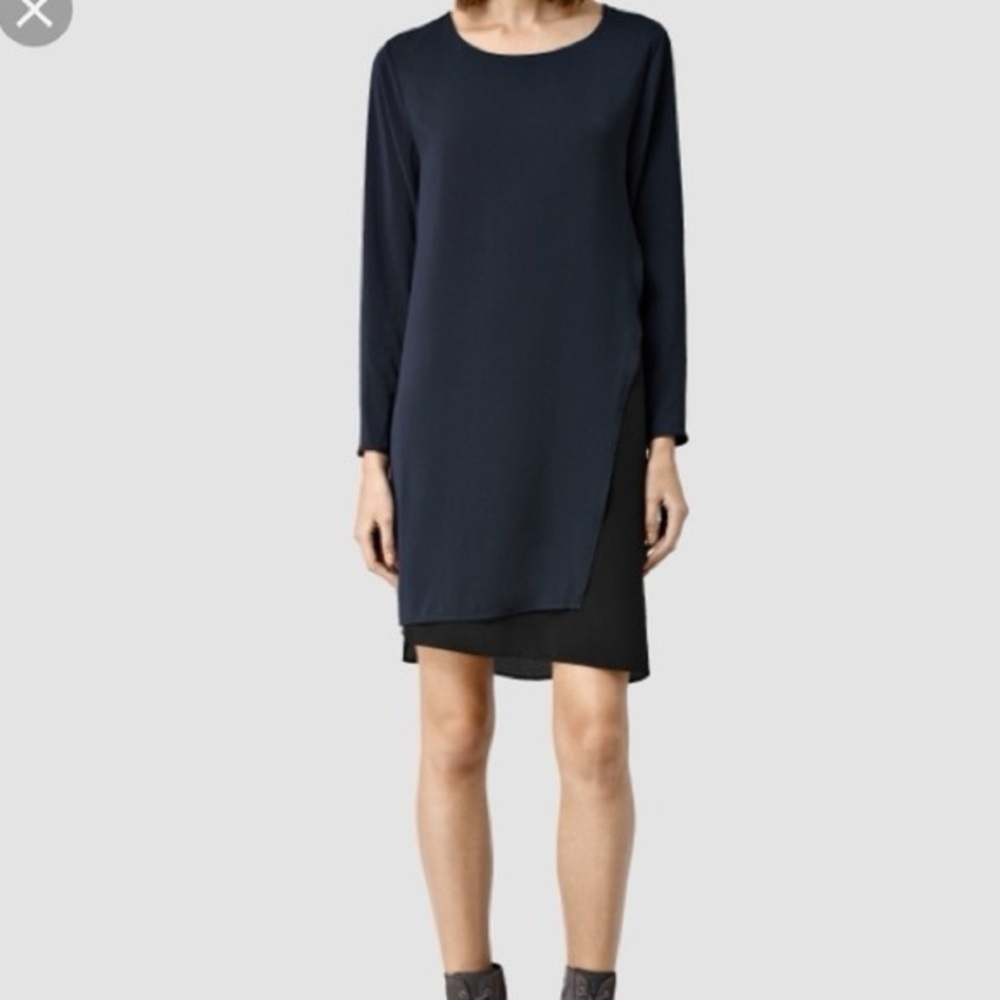 Allsaints Navy Blue/Black Roder Japanese Cloth Silk Blend Dress Size: 0